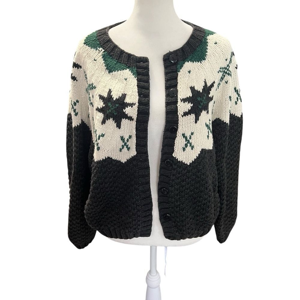 Vintage L.L. Bean Snowflake Fair Isle Cotton Knit Cardigan Sweater M - Picture 2 of 6